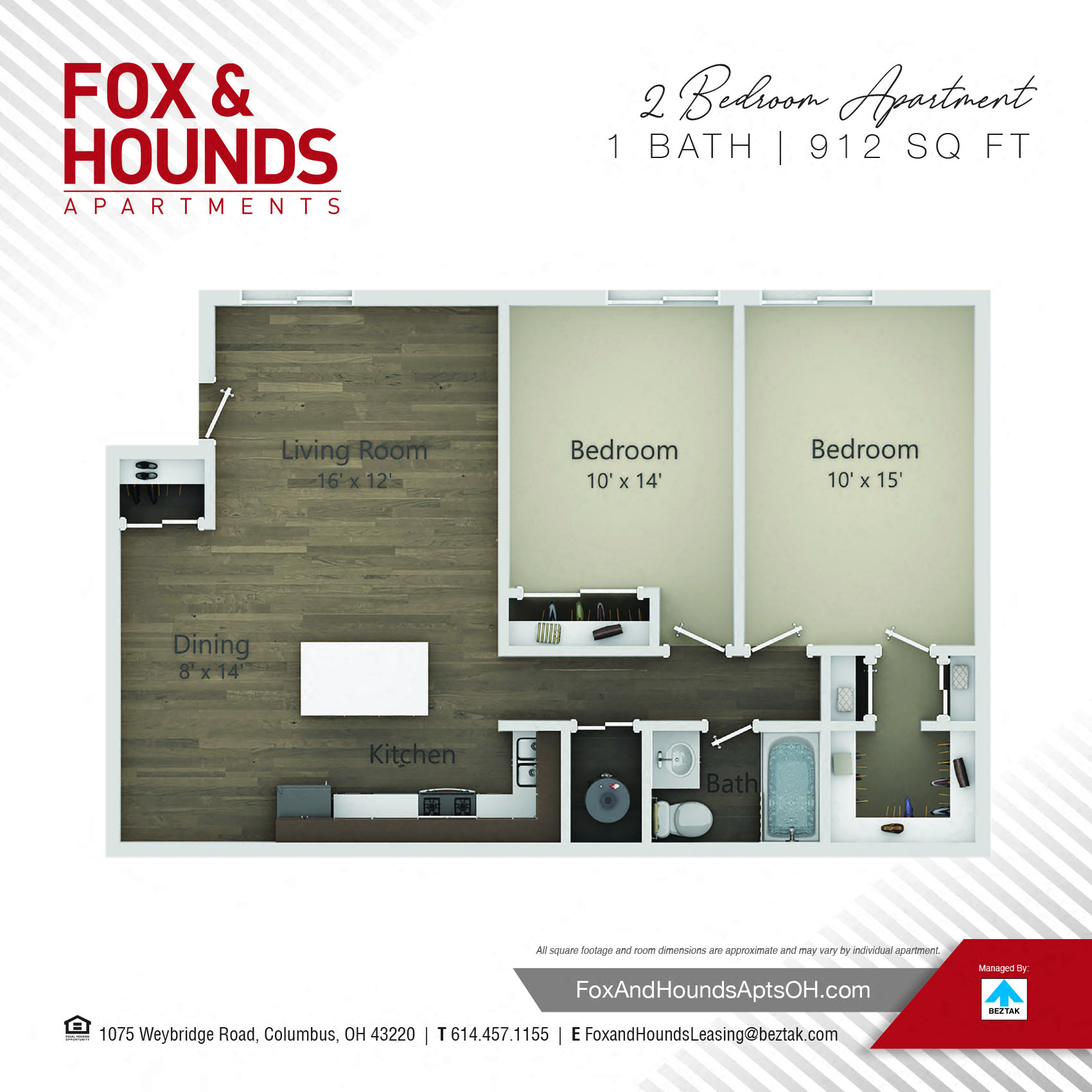 Floor plan for 2 beds, 1 bath, 912 sqft